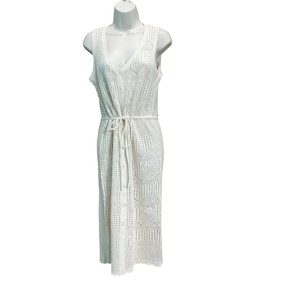 SWNY Elegant Cream Crochet Dress Medium Boho Romantic Midi